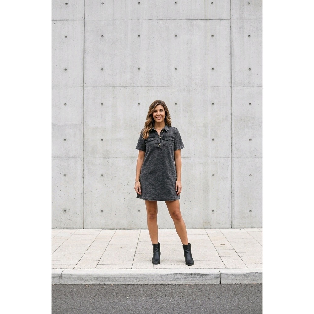 Wenrine Charcoal Grey Short Sleeve Denim Shirt Dress with Pockets Women's Small - Picture 3 of 10